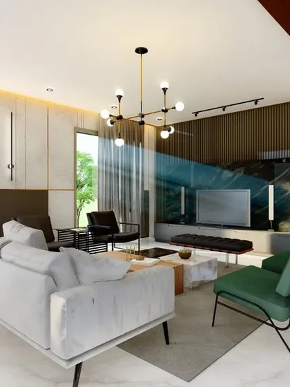 This is a concept render for a client's living room. The design features a mix of modern furniture, a neutral color palette with pops of green and dark wood, and varied lighting sources to create a warm, sophisticated atmosphere.