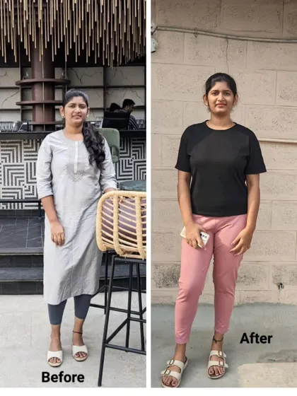 Here is proof of a 5 kg weight loss, along with significant body toning and posture correction. Notice the reduction in face fat and belly fat, all achieved through consistent and correct yoga practice.