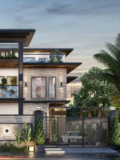 A side profile of the Andhra Pradesh bungalow, this view shows the depth of the facade. The layered balconies with glass railings and integrated planters are key to my philosophy of making green spaces part of the home's structure.