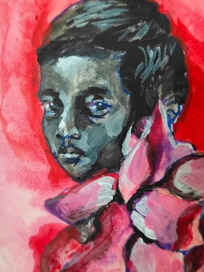 A close up of the boy's face in "Boy Carrying Lotus." His expression is intentionally ambiguous, a mix of vulnerability and strength, against a swirling, passionate red background.