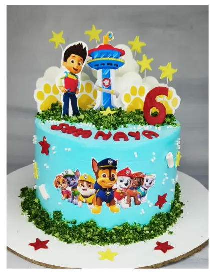 Another fun Paw Patrol design, this time with a chocolate truffle flavor. The cake features edible grass and character toppers, perfect for a 6th birthday celebration.