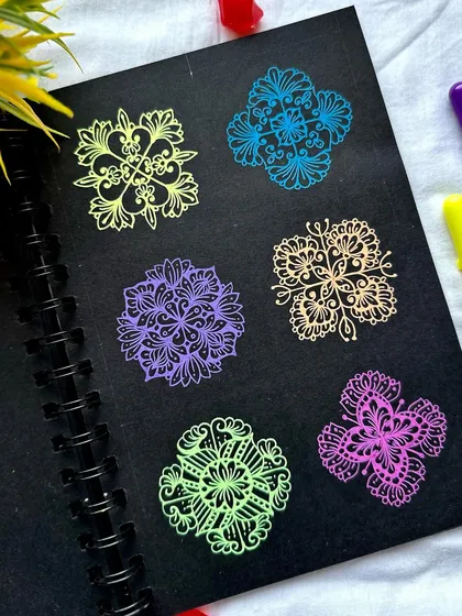 A collection of mini mandala patterns drawn with neon gelly roll pens. These small, vibrant designs are perfect for adding a pop of color and can be used as inspiration for larger artworks.
