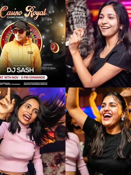 A collage from a 'Casino Royale' themed party. The crowd always gets into the spirit, dressing up and enjoying the glamorous atmosphere.