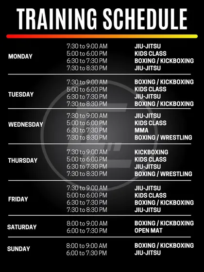 Here’s our weekly training schedule. We offer a mix of Jiu-Jitsu, MMA, Boxing, and Kids Classes throughout the day to fit your life. Find a slot and come through for a class.