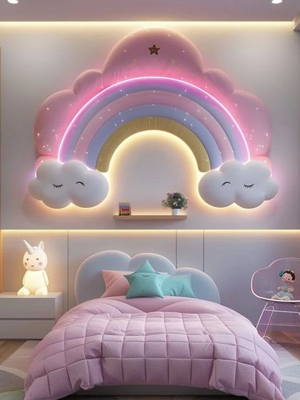A beautiful kid's bedroom with a cloud and rainbow-themed headboard lit with pink neon. The minimalist design is both stylish and enchanting.