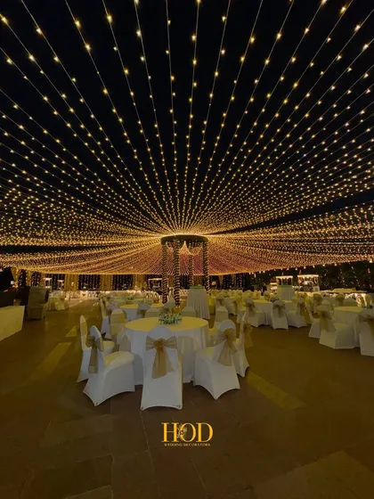 I believe in creating a complete sensory experience, and lighting is key. This breathtaking canopy of fairy lights transformed an outdoor dining area into a magical space, making guests feel like they were dining under a sky full of stars.