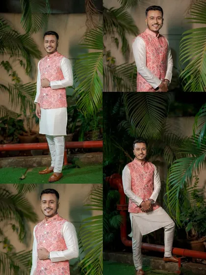 A collage of stylish portraits of the groom-to-be at his engagement ceremony, looking sharp in a pink Nehru jacket.