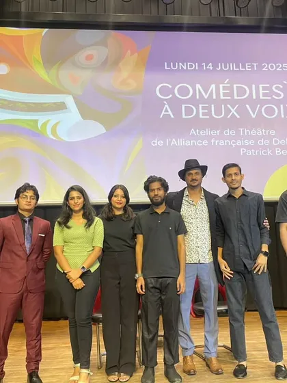 The cast of "Comédies à deux voix," a theatre workshop performance, posing after their show during our Bastille Day celebrations.