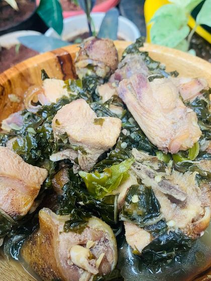 Another look at the chicken curry with dried yam leaf. The leaves add a lovely texture to the dish.