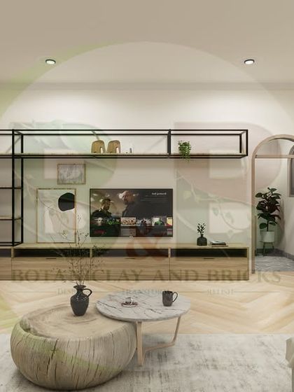 This wider shot shows the overall layout of the Boho living room. The design prioritizes open space and natural movement, with carefully chosen pieces that contribute to a cohesive and uncluttered look.
