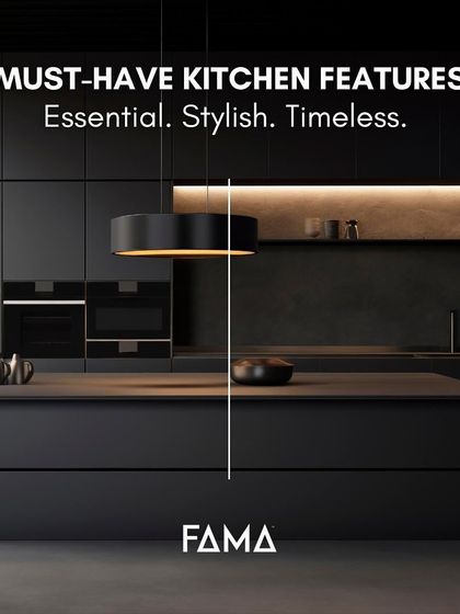 These are the must-have features for a kitchen that is essential, stylish, and timeless. This black kitchen with a large island and statement pendant light embodies modern sophistication.