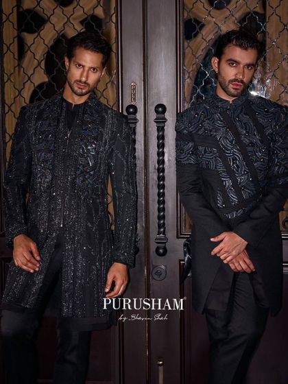 One tone, endless depth. This image showcases two of my signature black evening jackets, taking a classic silhouette into the future with intricate handwork.