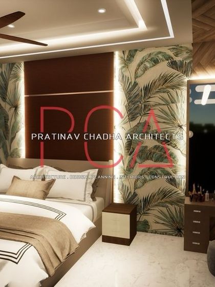 This visualization for a bedroom in the Vasant Kunj residence features a tropical wallpaper accent wall, complemented by warm wood tones and a well-lit dressing table area.