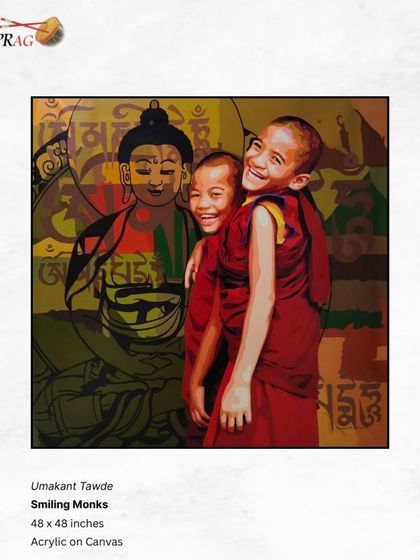 'Smiling Monks' by Umakant Tawde, a joyful and heartwarming painting that captures the innocence and lighthearted spirit of young Buddhist monks.