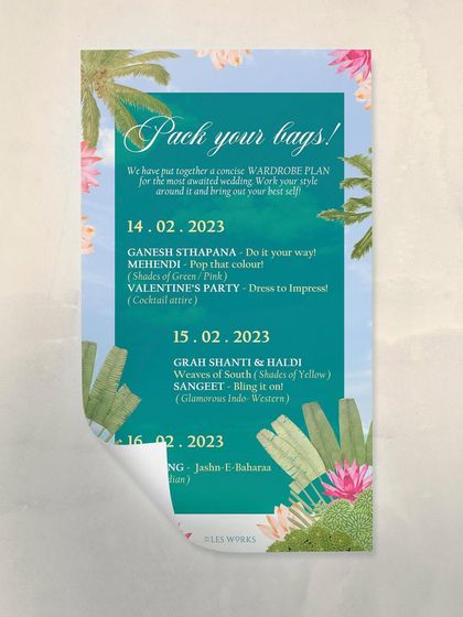 A 'Pack Your Bags' wardrobe planner for a dreamy beach wedding in Mahabalipuram. The design features a tropical background and lists the dress codes for events like the 'Valentine's Party' and 'Mehendi'.