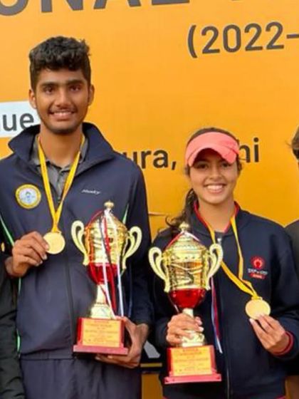 Gold medal smiles. Samya Sikand celebrating her win in the Under-19 Mixed Doubles at the All India CBSE Tennis Championship. She is one of the best doubles players at our academy.
