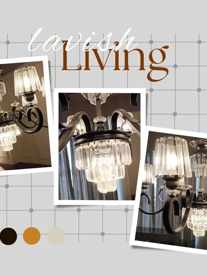 Light is life. This collage showcases a lavish crystal chandelier, an example of how the right lighting can create a mood of sophistication and luxury. A perfect balance of artificial and natural light is a must for any home.