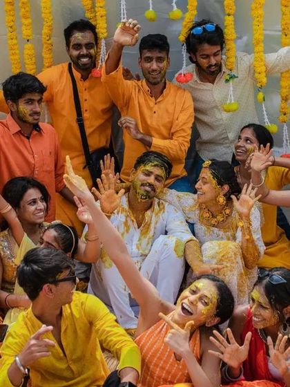 A duplicate of 201, showcasing the fun and energy of the Haldi group photo.