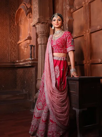 A full view of this royal bridal look. The makeup is perfectly balanced with the elaborate jewellery and detailed lehenga, creating a cohesive and breathtaking vision of elegance.