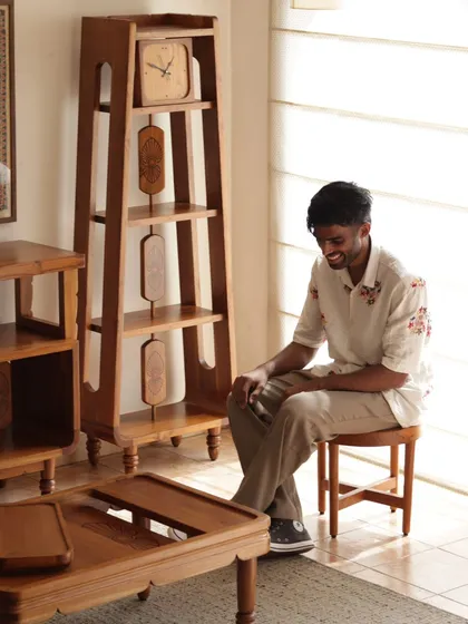 Our Mysore Inlay Collection, featuring a clock, bookshelf, and center table. This collection is a fusion of tradition and utility, bringing the GI-tagged craft of Mysore wood inlay into contemporary living spaces.