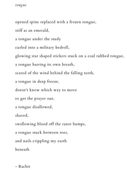 'tongue'. A poem exploring the feeling of being silenced or frozen, unable to speak.