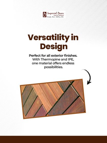 I offer great versatility in design with materials like Thermopine and IPE wood. This sample shows how different tones can be combined in a unique pattern, offering endless possibilities for your exterior finishes.