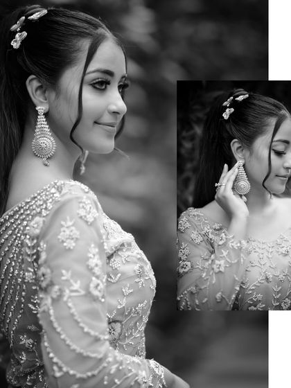 The same model shoot, presented in timeless black and white. This edit emphasizes the intricate details of the gown's embroidery and the model's classic profile, creating a very different, more dramatic mood.