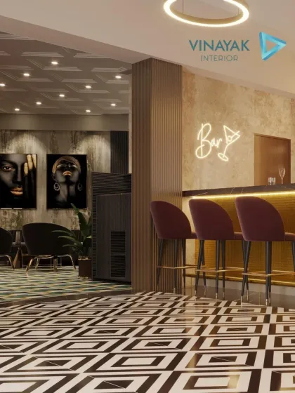 Another view of the modern bar, showing the seating area and the neon 'Bar' sign that adds a playful, trendy vibe. The geometric floor tiles and moody artwork complete this chic entertainment space.