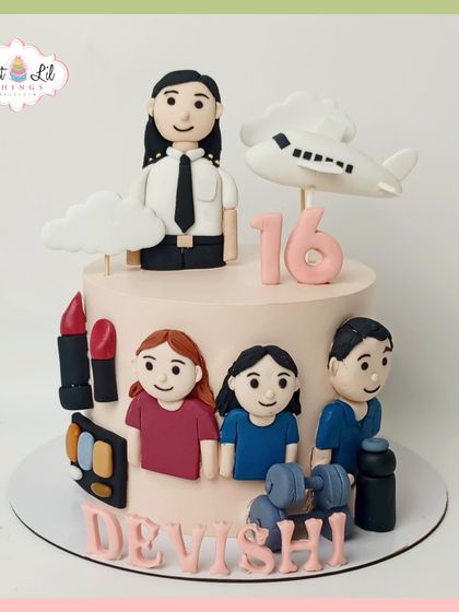 Dream big and fly high! A 16th birthday cake for an aspiring pilot, this design features a fondant pilot figure, an airplane, and other personal hobbies like makeup and fitness.