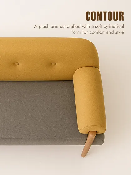 A close-up of the 'Contour' sofa's details. The plush, cylindrical armrest and button-tufted backrest showcase our focus on creating furniture that is comfortable, stylish, and thoughtfully crafted.
