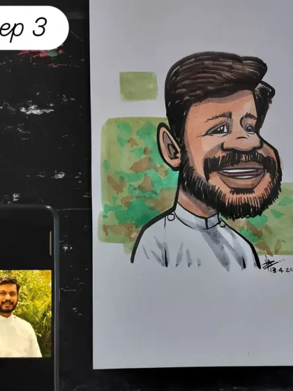 Step 3: Adding color. The final stage is applying watercolor to bring the portrait to life, adding depth, shading, and a background.
