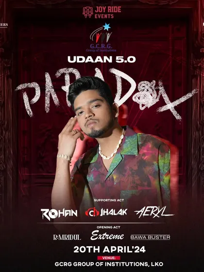 The official announcement for Paradox at the GCRG college fest. This shows my ability to bring popular hip-hop artists to campus events, a key market for me.