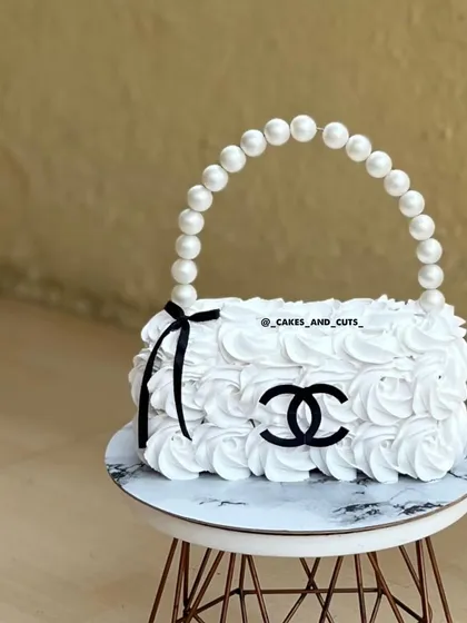 Another view of our Chanel-inspired purse cake, showing the rosette piping that gives it a beautiful texture.