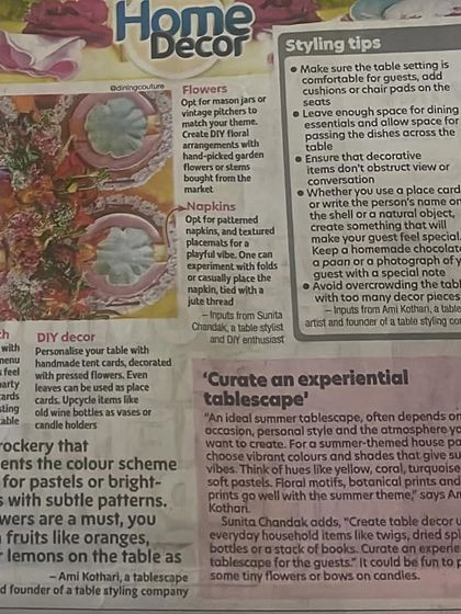 A detail from the Times of India article, where I share styling tips on making the table setting comfortable for guests and ensuring the decor doesn't obstruct conversation.