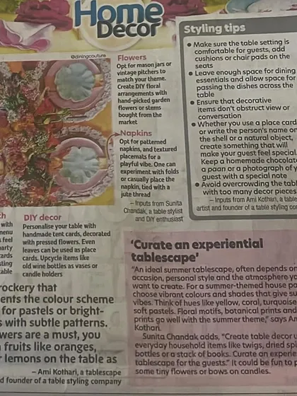 A snippet from my feature in the Times of India, where I shared some of my favorite styling tips for creating an experiential summer tablescape.