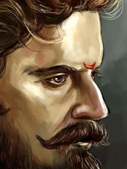 A close-up detail of my Shivaji Maharaj portrait. This view highlights the intricate details of his expression, the tilak on his forehead, and the texture of the digital brushwork.