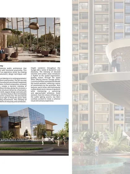 This spread covers 'The Glass Pavilion,' an experiential project that combines integrative architecture with automated design techniques to create a seamless user journey.