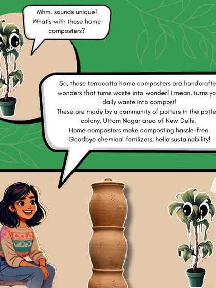 Wondering how pottery connects to sustainability? This graphic explains how our terracotta products, like these home composters, turn daily waste into valuable compost, helping you say goodbye to chemical fertilizers.