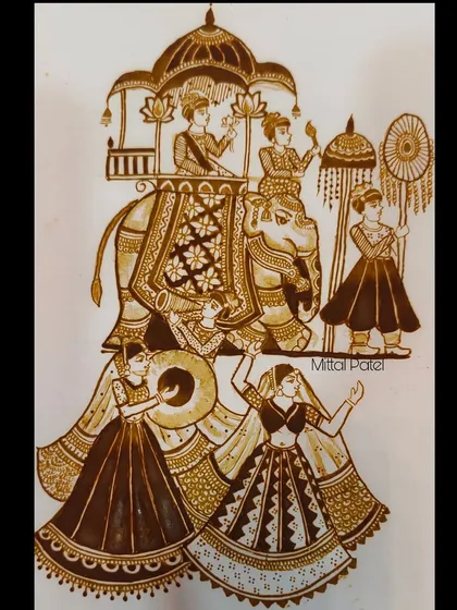 A grand and royal baraat scene meticulously drawn with henna. This artwork features the groom on an elephant, accompanied by dancers and musicians, capturing the festive energy of an Indian wedding procession.