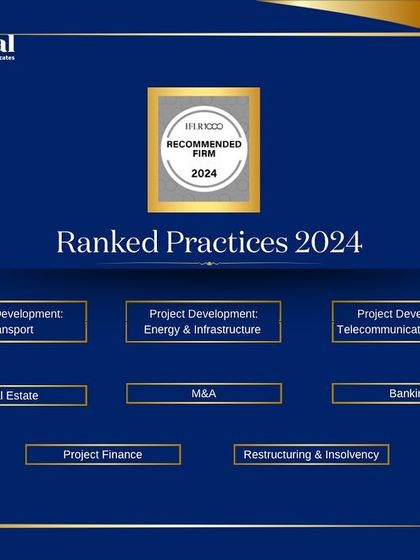 A summary of our eight practice areas ranked by IFLR1000 in 2024. This includes key sectors such as Real Estate, Project Development, and Banking, showcasing our multidisciplinary strength.