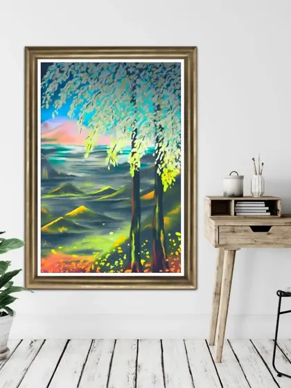 The abstract landscape in its original, balanced color palette, displayed in a home setting.