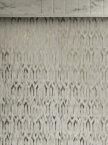 A full view of the textured wallpaper used in the bedroom. Its subtle, brushstroke-like pattern adds depth and a touch of artistic flair to the wall, complementing the room's neutral and earthy color scheme.