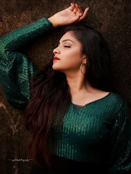 A series of portraits featuring a model in a stylish green sequin and black dress. The combination of outdoor and rustic indoor settings provides a variety of backdrops for this modern look.