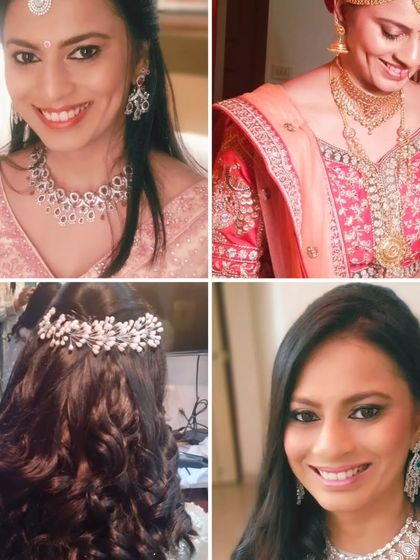A collage showcasing a complete bridal look, including close-ups of the makeup, the final outfit, and the elegant hairstyle with a beautiful hair accessory.