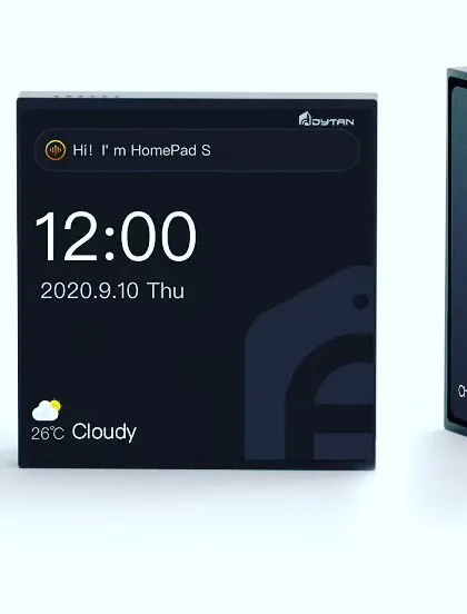 A close-up of the HomePad S, the smaller version of my control panel. It features a clean, minimalist display showing time, date, and weather at a glance.