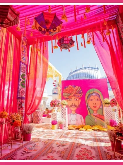 We brought the vibrant culture of Rajasthan to this wedding with a 'Rajasthani Mela' theme. The decor featured traditional puppets, colourful drapes, and hand-painted backdrops.