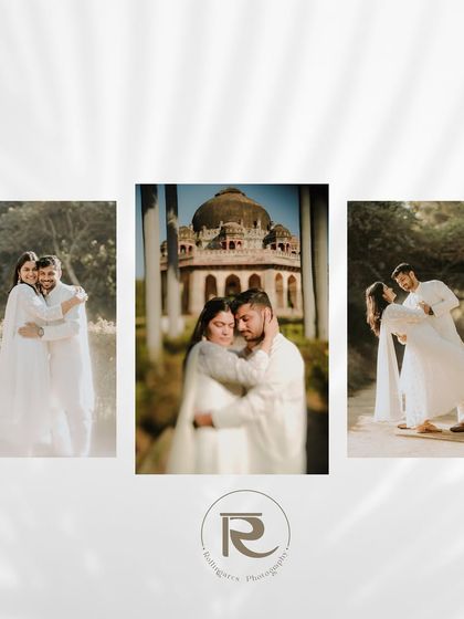 A collage showcasing different facets of a pre-wedding shoot at a heritage site, from playful dancing to a close embrace against the backdrop of ancient architecture.