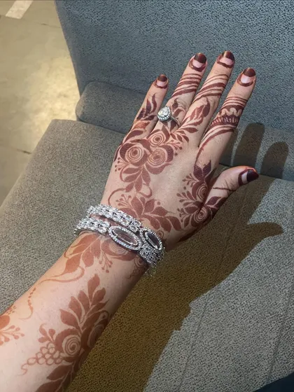 Another view of the fresh rose henna design. You can see how the pattern flows beautifully from the wrist to the fingers, ready to leave a gorgeous stain.