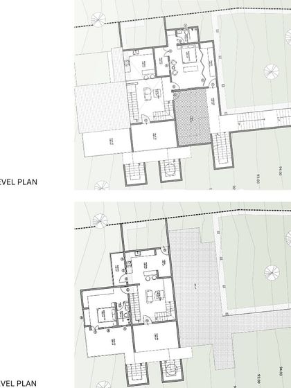 An alternative set of floor plans for the V2 House project. This option explores a different spatial arrangement while still adhering to the core challenge of phased execution on a steep, complex site.