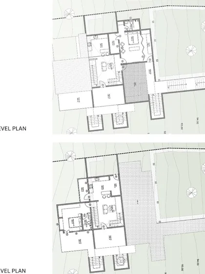 An alternative set of floor plans for the V2 House project. This option explores a different spatial arrangement while still adhering to the core challenge of phased execution on a steep, complex site.